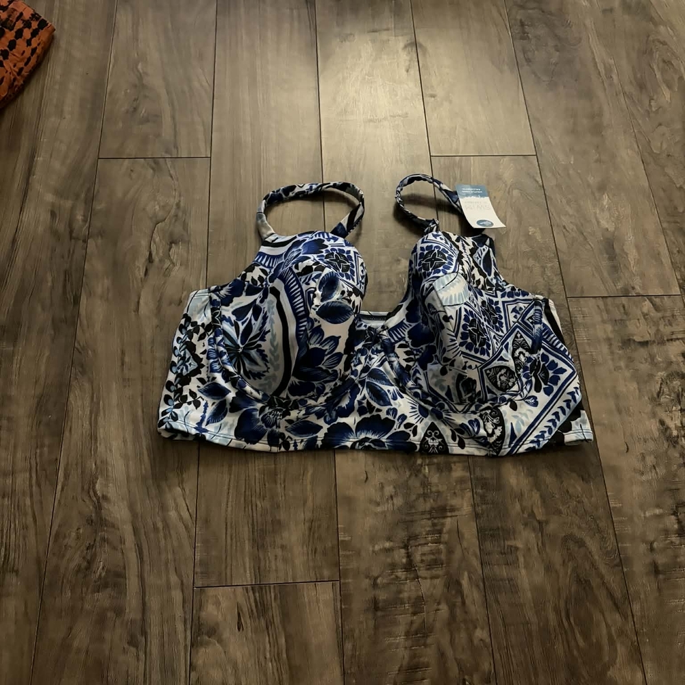 Blue Floral Longline Bikini Top - Women's Swim